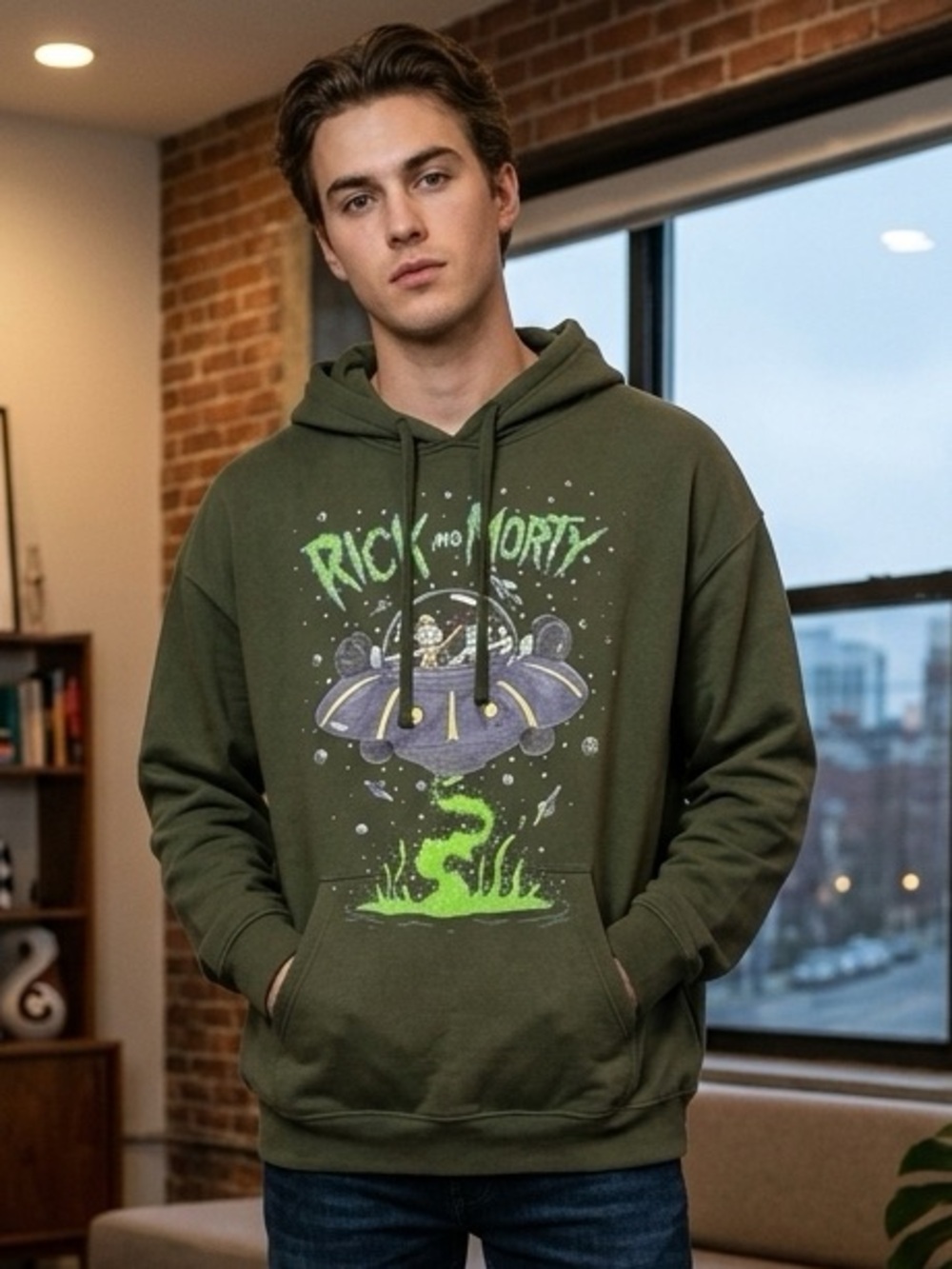 Rick and Morty Sweatshirt Green Graphic Hoodie Medium Cartoon Network Adult Swim